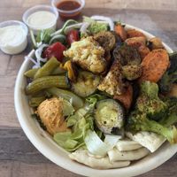 Bowl with grilled vegetables and fried tofu  at The Hummus BOWL in Chattanooga