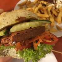Hawaii burger and fries at De Vegetarische Snackbar in The Hague