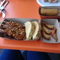 sate and shrimps (and kroket, bacon burger and kibbuhling ordered by my friends) at De Vegetarische Snackbar in The Hague