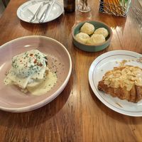 Benedict, pão de queijo, croissant de amendoas e flat white(café) at Teva Deli in Rio De Janeiro