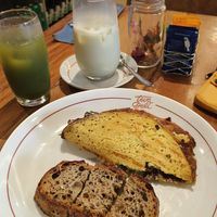Iced matcha latte, omelette at Teva Deli in Rio De Janeiro
