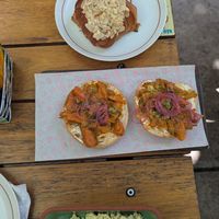 Almond croissant, lox bagel, tofu scramble at Teva Deli in Rio De Janeiro