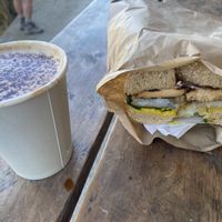 Soy cappuccino and vegan breakfast bagel  at Curbside Coffee & Bagels in Wanaka