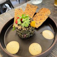 Eggplant ceviche  at Meshek Barzilay in Tel Aviv