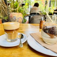 Latte and tiramisu   at Meshek Barzilay in Tel Aviv