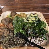 Big plate from the hot food and salad bar  at Meshek Barzilay in Tel Aviv