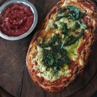 Appetizer: vegan “Focaccia Ricotta” at Meshek Barzilay in Tel Aviv