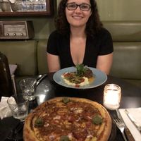 Pizza seitan and pumpkin steak  at Meshek Barzilay in Tel Aviv