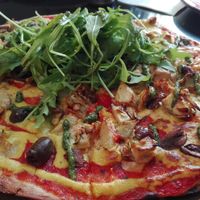 Vegan pizza - good texture at Meshek Barzilay in Tel Aviv