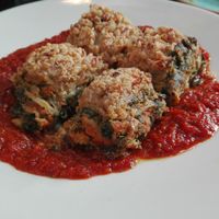 Vegan Musaka (eggplant with vegan grounded "meat")  at Meshek Barzilay in Tel Aviv