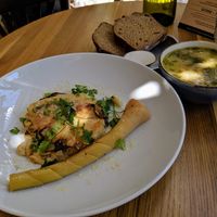 Yin Yang, soup, and bread at Meshek Barzilay in Tel Aviv