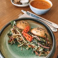 Boa bun with tomato soup at Meshek Barzilay in Tel Aviv