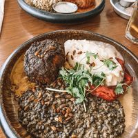 Pumpkin steak with smach patato and lentils  at Meshek Barzilay in Tel Aviv