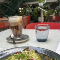 Salat with avocado and special decaf coffee with ashwaganda   at Healthy Longevity Café in Prague