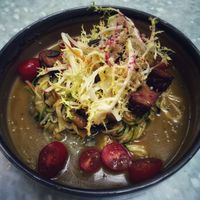 Zucchini Spaghetti / zoodles with shiitake and extra Tempeh at Healthy Longevity Café in Prague