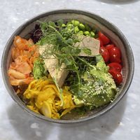 Buddha bowl with smoked tofu   at Healthy Longevity Café in Prague