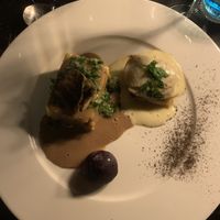 Cabbage polenta, pommes Anna, mushroom sauce...  at Det Glade Vanvid  in Copenhagen