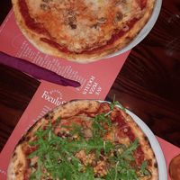 Francescana (left) and magic land with vegan cheese (right). Really big plate. at Pizzeria Foculus in Ljubljana