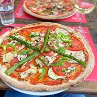 Margarita pizza with asparagus, mushrooms and eggplant added. Delicious   at Pizzeria Foculus in Ljubljana