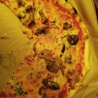 Mushroom pizza with vegan cheese at Pizzeria Foculus in Ljubljana