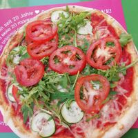 summer pizza with vegan cheese at Pizzeria Foculus in Ljubljana