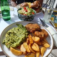 Daily vegan menu: vegetable pattie, mashed peas and roasted potatoes + mix salad at Kantina65 in Herceg Novi