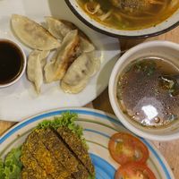 Steak noodle soup, dumplings and steak with rice   at Surn Yi Vegetarian Restaurant in Phnom Penh