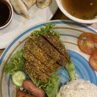 Vegan steak, rice and soup with a side of dumplings  at Surn Yi Vegetarian Restaurant in Phnom Penh