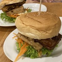 Braised gluten burger and fried mushroom burger, delicious!  at Surn Yi Vegetarian Restaurant in Phnom Penh