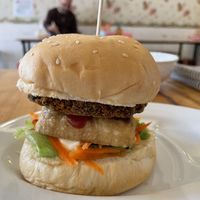 Crispy mushroom steak burger with tofu, $2.50  at Surn Yi Vegetarian Restaurant in Phnom Penh