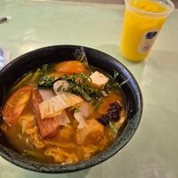 Tom yum noodle soup with tofu, vegan meat and vegan prawns at Surn Yi Vegetarian Restaurant in Phnom Penh