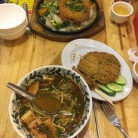 Fried steak with rice, fried steak and Chinese nutrition soup  at Surn Yi Vegetarian Restaurant in Phnom Penh