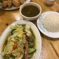Black pepper stir fry set meal and fried dumplings at Surn Yi Vegetarian Restaurant in Phnom Penh