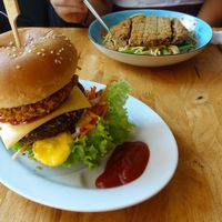 vegan fried steak with noodles and burger at Surn Yi Vegetarian Restaurant in Phnom Penh