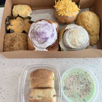 Sliders, ube and pandan cinnamon rolls, cheesy bun, scone, cornbread, etc.  at San and Wolves in Long Beach