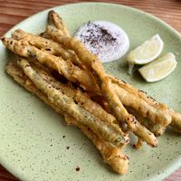 masa-tempura asparagus!  at Feral in Portland