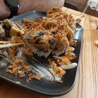 Sushi with pickles, mayo and fried onions at Vegashi Vegan Fusion in Ljubljana