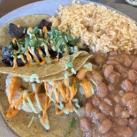 Taco Plate- Mushroom Al Ajillo & Shrimp w/ Rice & Beans  at PlanTita's Kitchen in Long Beach