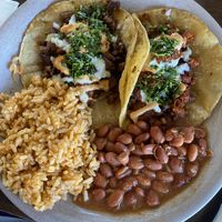 Asada taco and al pastor taco (2 taco plate served with rice and beans)  at PlanTita's Kitchen in Long Beach
