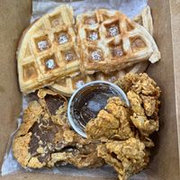 Chicken (oyster mushrooms) and waffles at Moss Vegan Bistro in Brooklyn