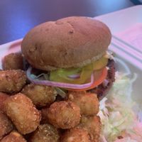mushroom burger and tots!!!   at Veg.Edible in Omaha