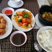 Meal at Nirvana: almond tofu, 'chicken' with cashews, tofu hotpot, rice at Nirvana Tea House and Vegetarian Delights in Ho Chi Minh City
