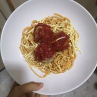 Spaghetti and meatballs (my plating skills aren't the best but this was deliciousl at Vegetart Cuina Vegana in Barcelona