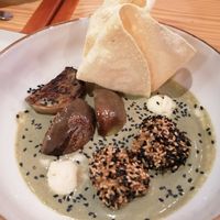 Curry eggplants with chickpeas ice cream and papadums at Rasoterra in Barcelona