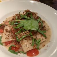 Pasta with oyster leaf ad cherry tomatoes    at Rasoterra in Barcelona