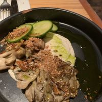 Roasted Oyster mushroom with hummus and zucchini topped with cilantro infused olive oil   at Rasoterra in Barcelona