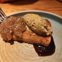 French toast aubergine sponge pistachio vegan ice cream at Rasoterra in Barcelona
