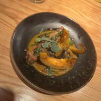 Almond tempeh and Kabocha in pumpkin sauce  at Rasoterra in Barcelona