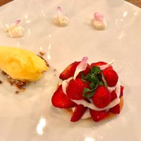 Strawberry tartlet, vanilla, shiso and orange ice cream.
I'm not much of a sweets person but I decided to try one of their desserts. This was tasty but the portion seemed pretty small. If you're a sweets person you'll enjoy this especially of you love fruity desserts. at Rasoterra in Barcelona