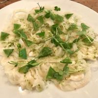 Fennel carpaccio, green peas, coriander flowers, lime zest and coriander oil.
This was probably the most underwhelming dish I had here. It was expensive and not satisfying. Don't waste your money and appetite on this dish, there are a lot of other delicious things to try on the menu. at Rasoterra in Barcelona